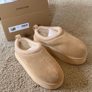 Fitory Beige Platform Faux-Suede Mules with Plush Lining